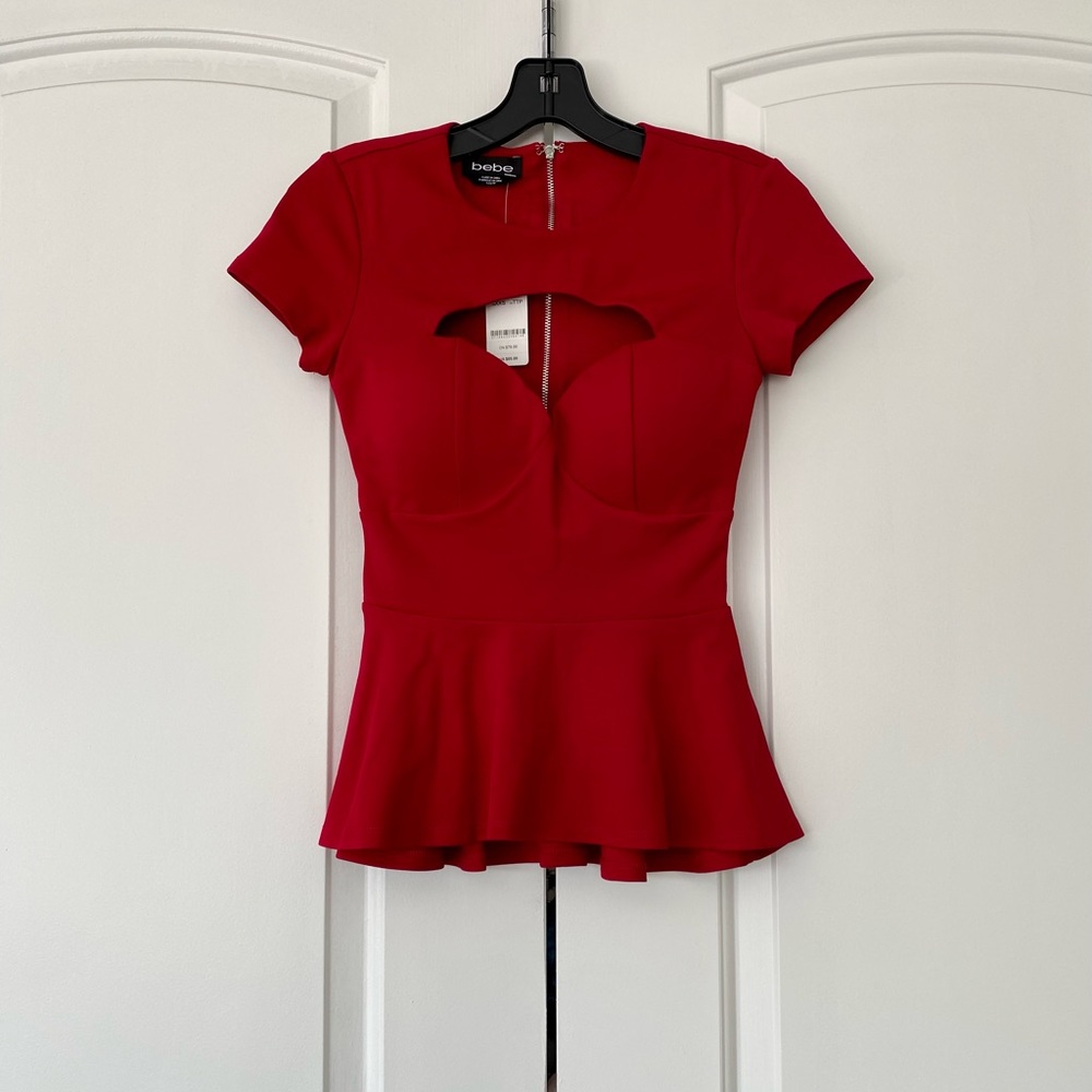 bebe Sweetheart Open Neck Peplum Top